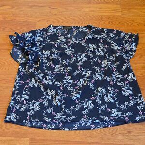 Lane Bryant Women's Pullover Top Ruffled Sleeves Blue Floral Rose Plus Size 18